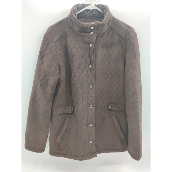 Liz Claiborne Quilted Snap Front Jacket Brown Faux Suede Lined Collar Size M - Picture 2 of 15